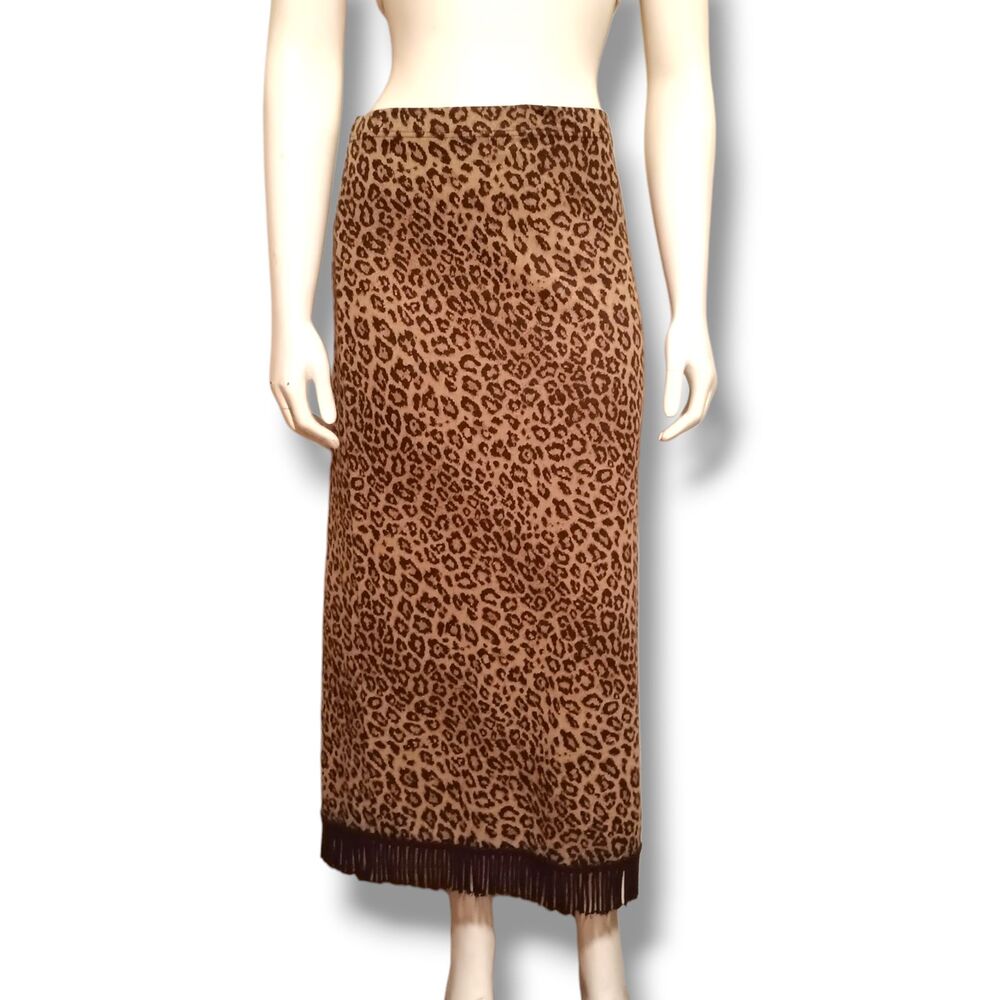 Vintage Lennie For Nina Leonard Leopard Print Skirt-Small-Elastic Waist-Fringe